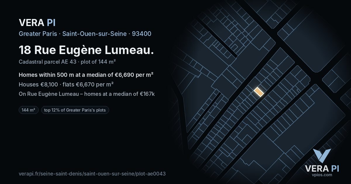 18 Rue Eugène Lumeau, Saint-Ouen-sur-Seine at night – the plot lit, the parcels around coloured by the prices near them