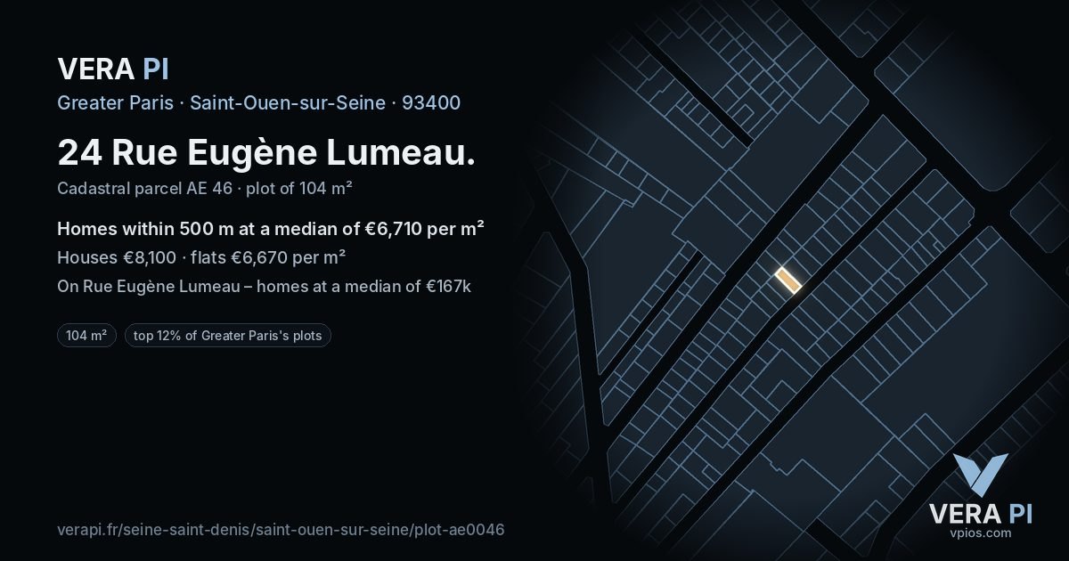 24 Rue Eugène Lumeau, Saint-Ouen-sur-Seine at night – the plot lit, the parcels around coloured by the prices near them