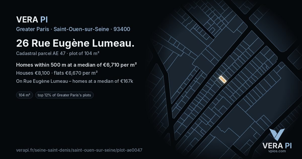 26 Rue Eugène Lumeau, Saint-Ouen-sur-Seine at night – the plot lit, the parcels around coloured by the prices near them
