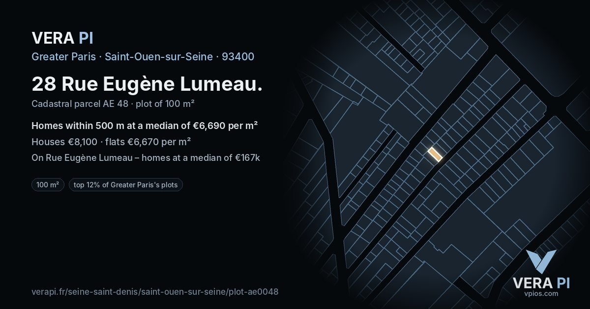 28 Rue Eugène Lumeau, Saint-Ouen-sur-Seine at night – the plot lit, the parcels around coloured by the prices near them