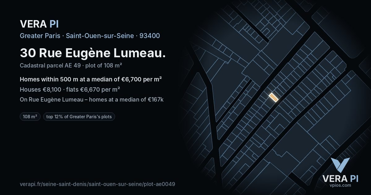 30 Rue Eugène Lumeau, Saint-Ouen-sur-Seine at night – the plot lit, the parcels around coloured by the prices near them