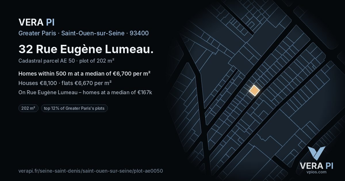 32 Rue Eugène Lumeau, Saint-Ouen-sur-Seine at night – the plot lit, the parcels around coloured by the prices near them