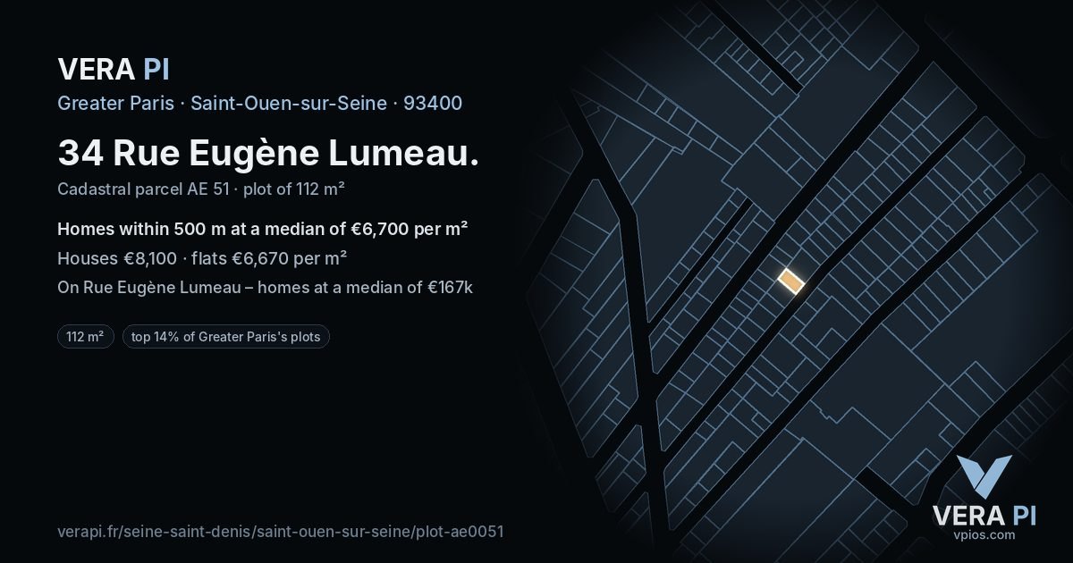 34 Rue Eugène Lumeau, Saint-Ouen-sur-Seine at night – the plot lit, the parcels around coloured by the prices near them