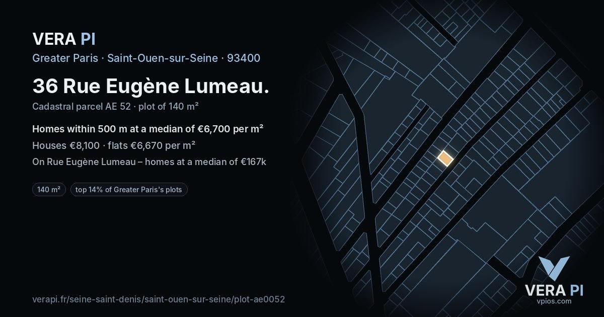 36 Rue Eugène Lumeau, Saint-Ouen-sur-Seine at night – the plot lit, the parcels around coloured by the prices near them