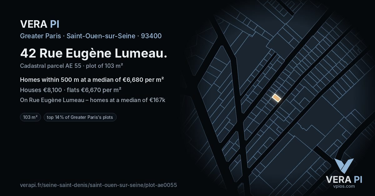 42 Rue Eugène Lumeau, Saint-Ouen-sur-Seine at night – the plot lit, the parcels around coloured by the prices near them