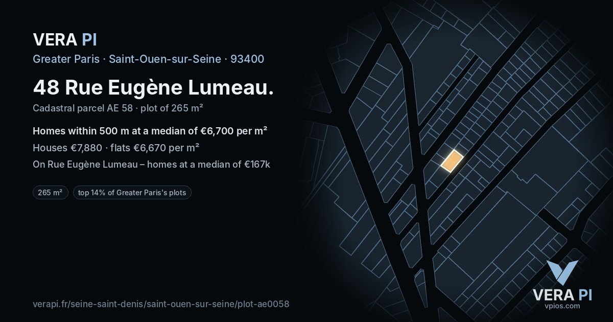 48 Rue Eugène Lumeau, Saint-Ouen-sur-Seine at night – the plot lit, the parcels around coloured by the prices near them