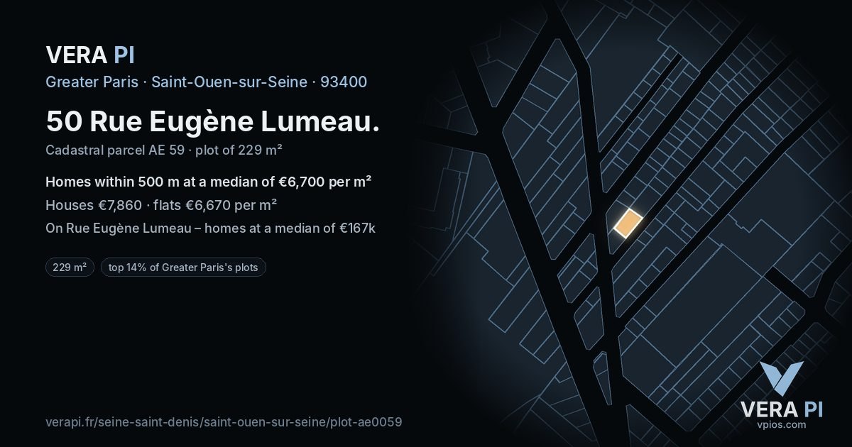 50 Rue Eugène Lumeau, Saint-Ouen-sur-Seine at night – the plot lit, the parcels around coloured by the prices near them