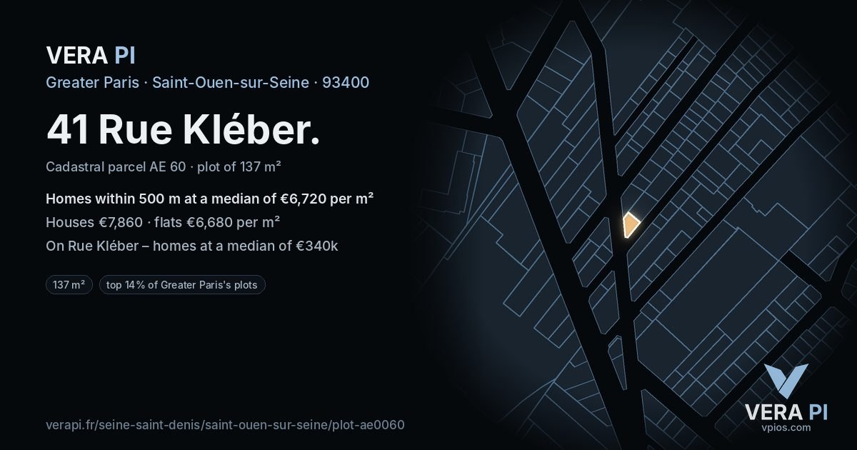 41 Rue Kléber, Saint-Ouen-sur-Seine at night – the plot lit, the parcels around coloured by the prices near them