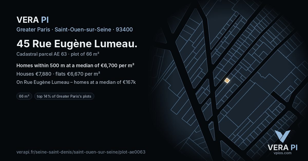 45 Rue Eugène Lumeau, Saint-Ouen-sur-Seine at night – the plot lit, the parcels around coloured by the prices near them