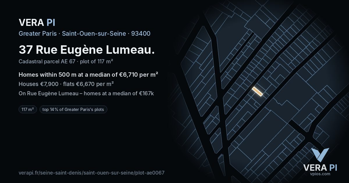 37 Rue Eugène Lumeau, Saint-Ouen-sur-Seine at night – the plot lit, the parcels around coloured by the prices near them
