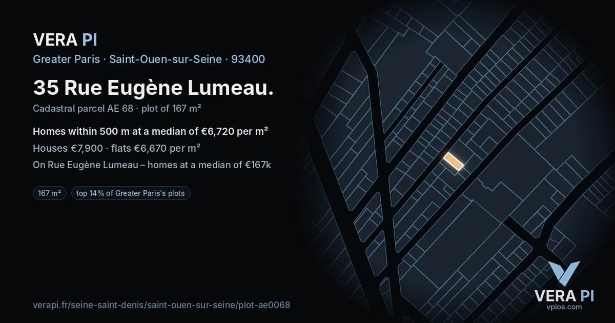 35 Rue Eugène Lumeau, Saint-Ouen-sur-Seine at night – the plot lit, the parcels around coloured by the prices near them