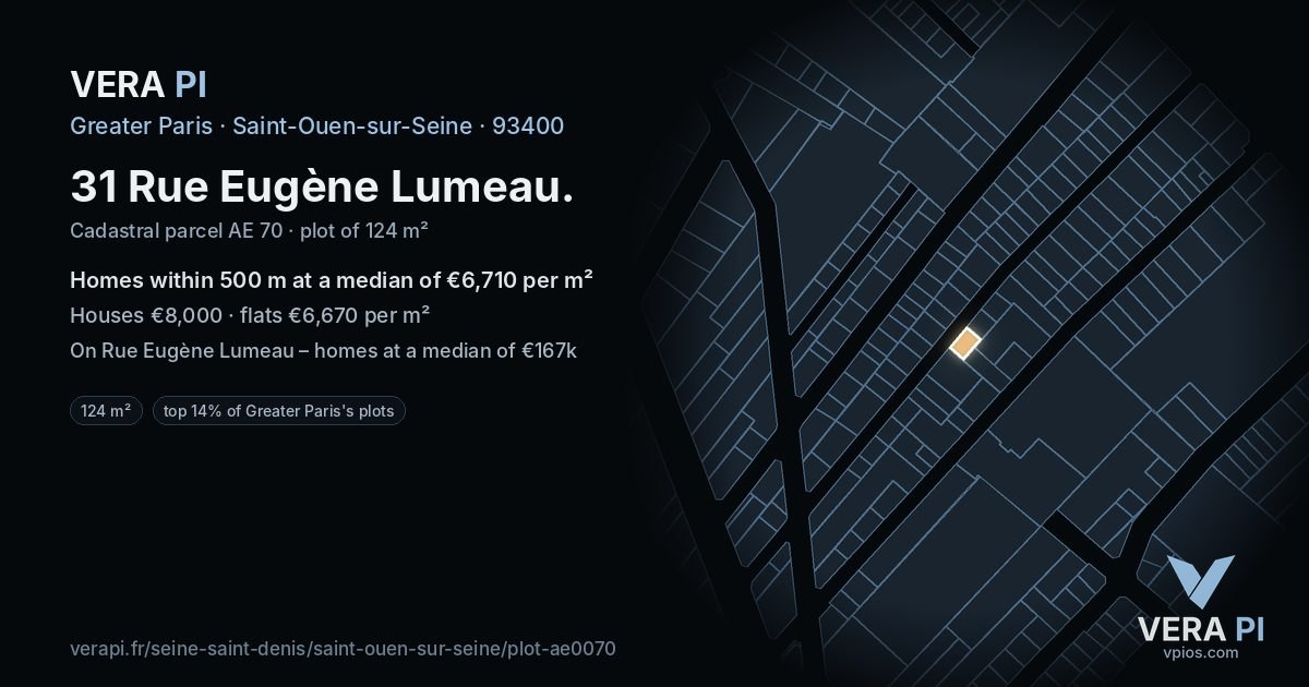 31 Rue Eugène Lumeau, Saint-Ouen-sur-Seine at night – the plot lit, the parcels around coloured by the prices near them