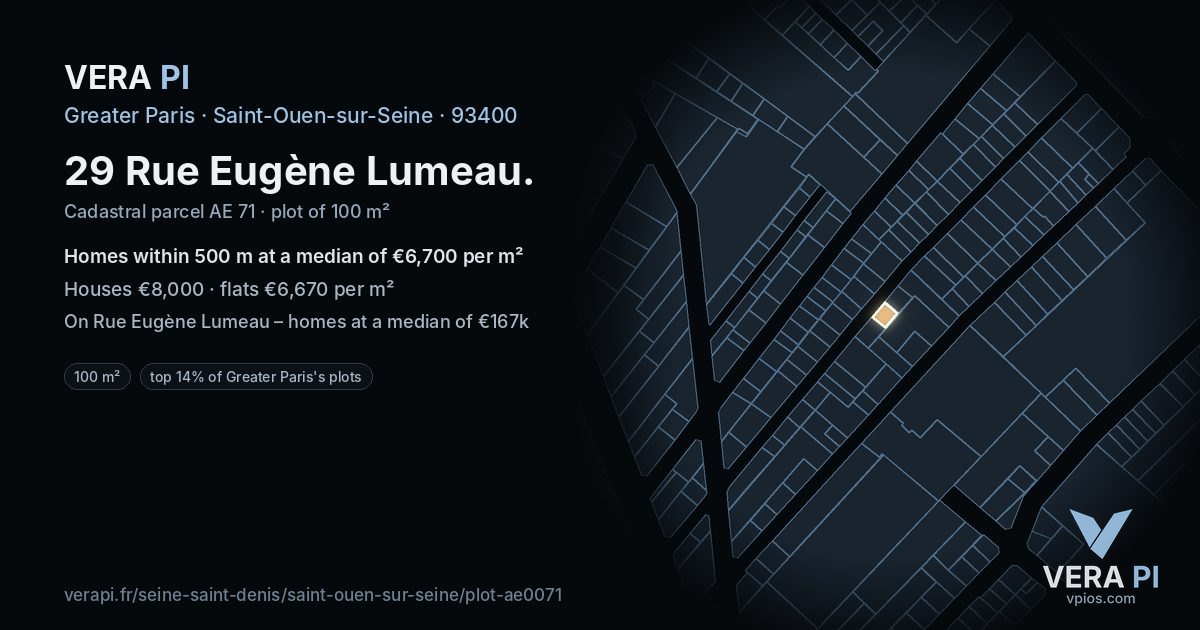 29 Rue Eugène Lumeau, Saint-Ouen-sur-Seine at night – the plot lit, the parcels around coloured by the prices near them
