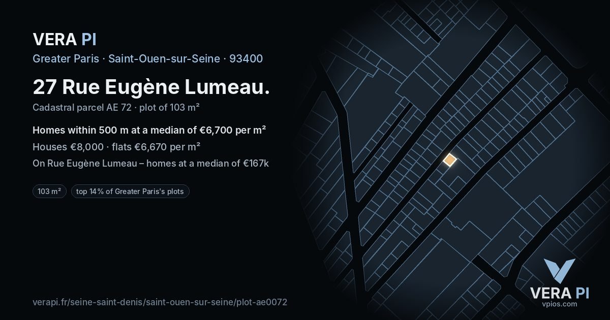27 Rue Eugène Lumeau, Saint-Ouen-sur-Seine at night – the plot lit, the parcels around coloured by the prices near them