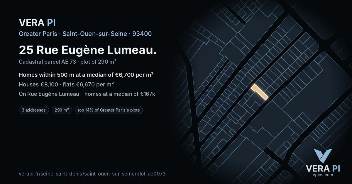 25 Rue Eugène Lumeau, Saint-Ouen-sur-Seine at night – the plot lit, the parcels around coloured by the prices near them
