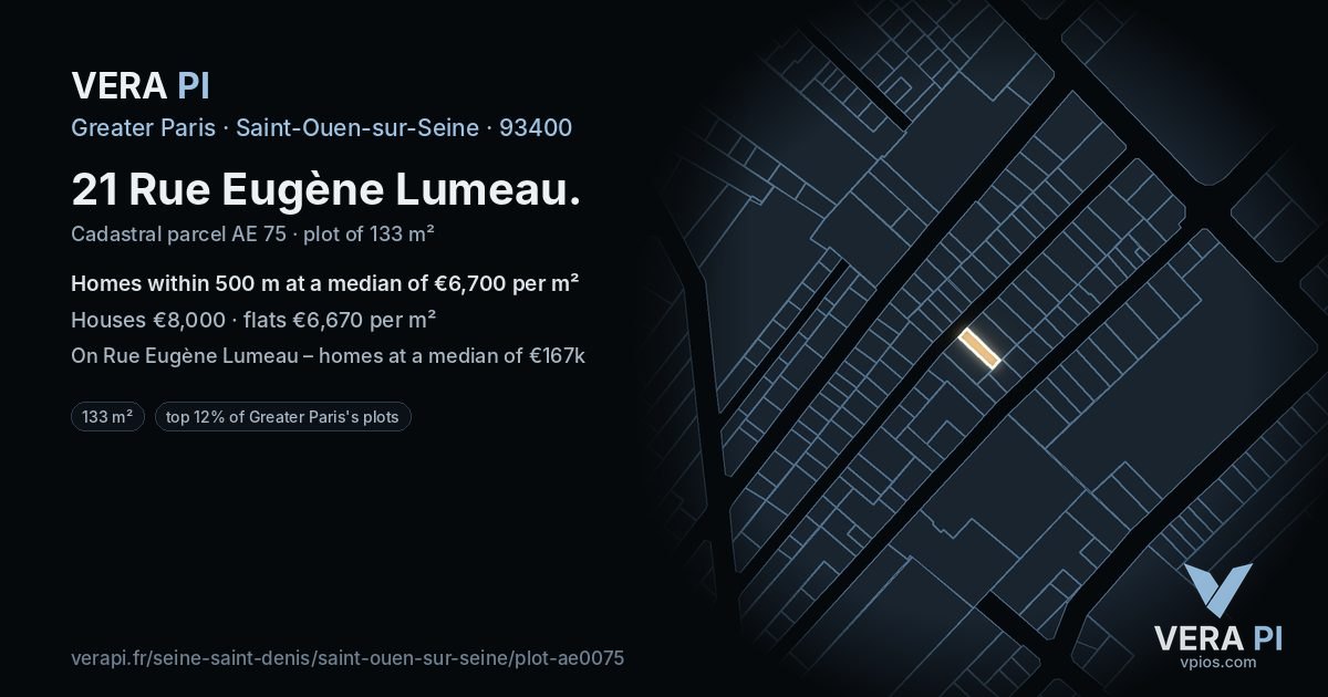 21 Rue Eugène Lumeau, Saint-Ouen-sur-Seine at night – the plot lit, the parcels around coloured by the prices near them