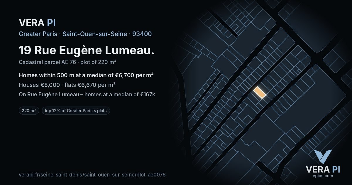 19 Rue Eugène Lumeau, Saint-Ouen-sur-Seine at night – the plot lit, the parcels around coloured by the prices near them