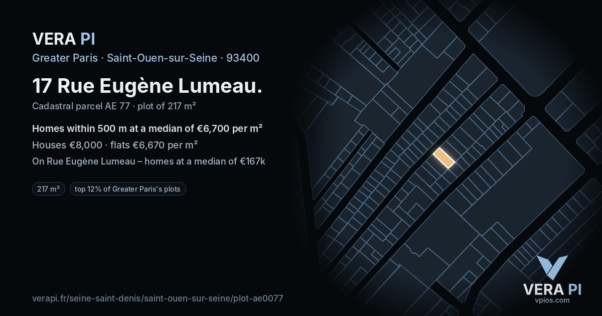 17 Rue Eugène Lumeau, Saint-Ouen-sur-Seine at night – the plot lit, the parcels around coloured by the prices near them