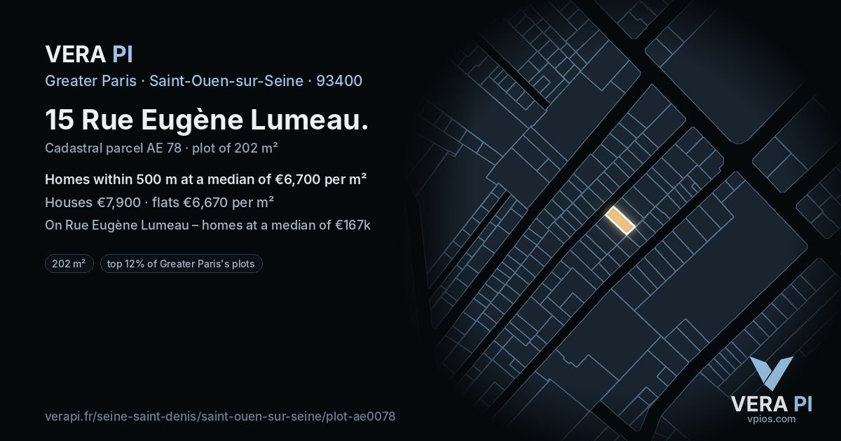 15 Rue Eugène Lumeau, Saint-Ouen-sur-Seine at night – the plot lit, the parcels around coloured by the prices near them