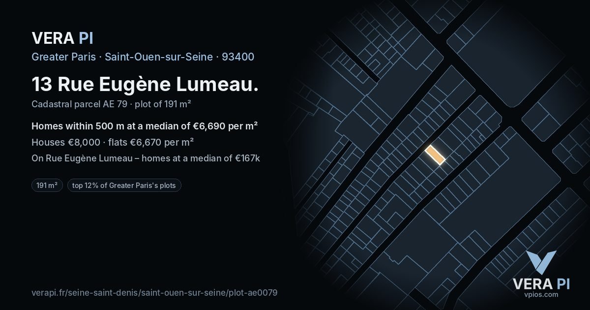 13 Rue Eugène Lumeau, Saint-Ouen-sur-Seine at night – the plot lit, the parcels around coloured by the prices near them