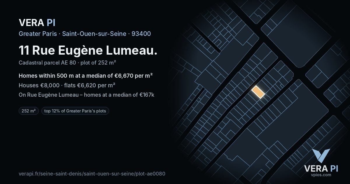 11 Rue Eugène Lumeau, Saint-Ouen-sur-Seine at night – the plot lit, the parcels around coloured by the prices near them