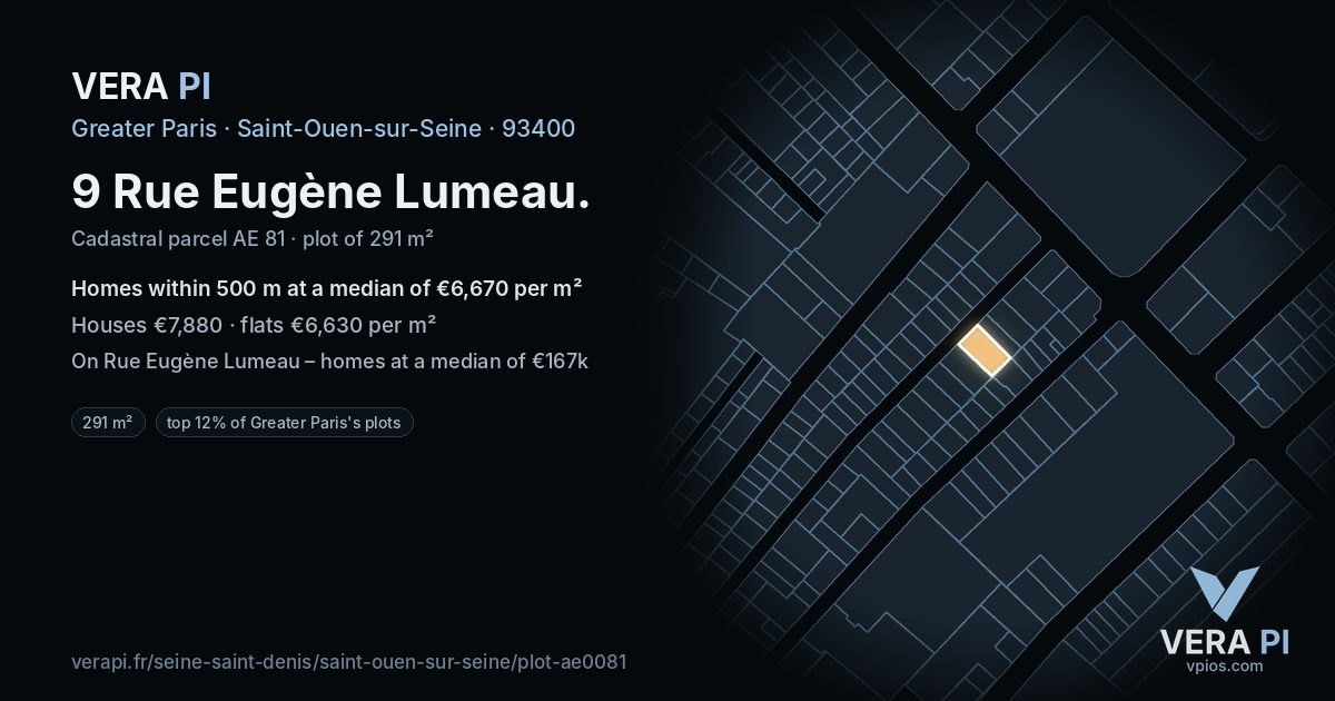 9 Rue Eugène Lumeau, Saint-Ouen-sur-Seine at night – the plot lit, the parcels around coloured by the prices near them
