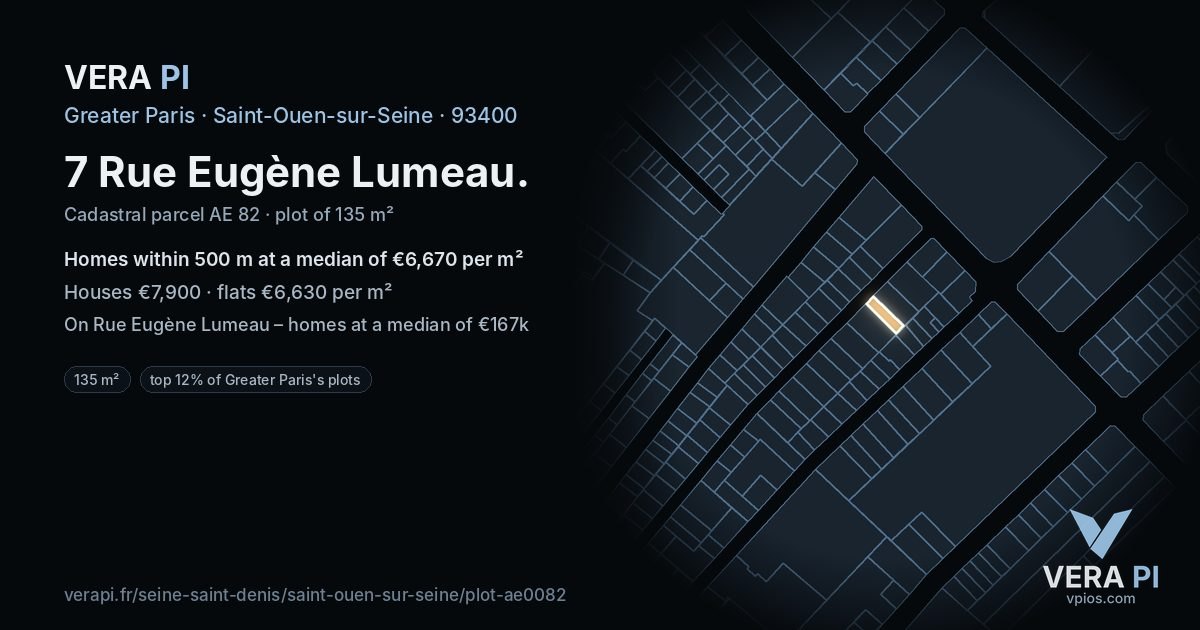 7 Rue Eugène Lumeau, Saint-Ouen-sur-Seine at night – the plot lit, the parcels around coloured by the prices near them