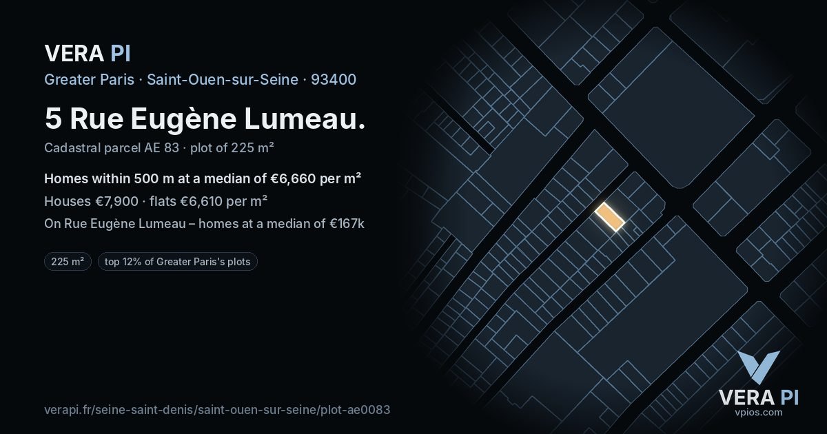5 Rue Eugène Lumeau, Saint-Ouen-sur-Seine at night – the plot lit, the parcels around coloured by the prices near them