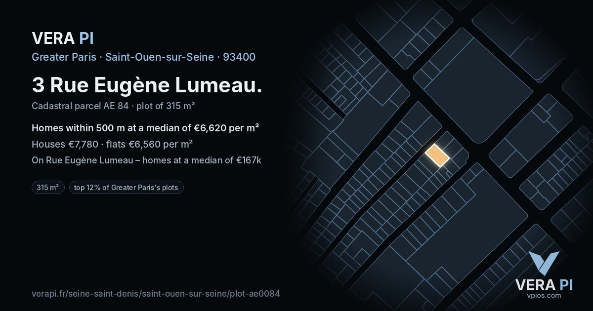 3 Rue Eugène Lumeau, Saint-Ouen-sur-Seine at night – the plot lit, the parcels around coloured by the prices near them