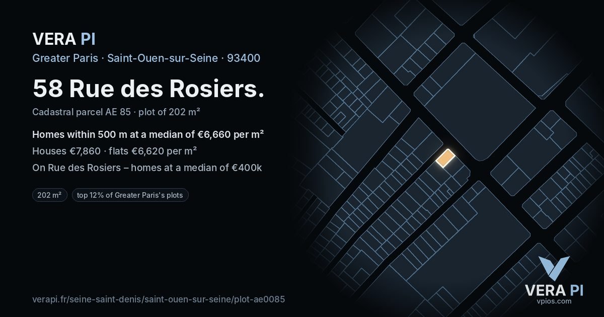 58 Rue des Rosiers, Saint-Ouen-sur-Seine at night – the plot lit, the parcels around coloured by the prices near them