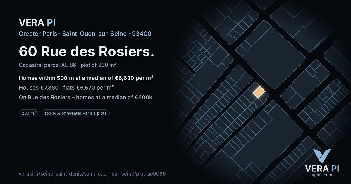 60 Rue des Rosiers, Saint-Ouen-sur-Seine at night – the plot lit, the parcels around coloured by the prices near them