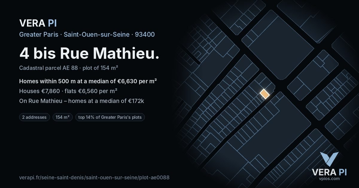 4 bis Rue Mathieu, Saint-Ouen-sur-Seine at night – the plot lit, the parcels around coloured by the prices near them