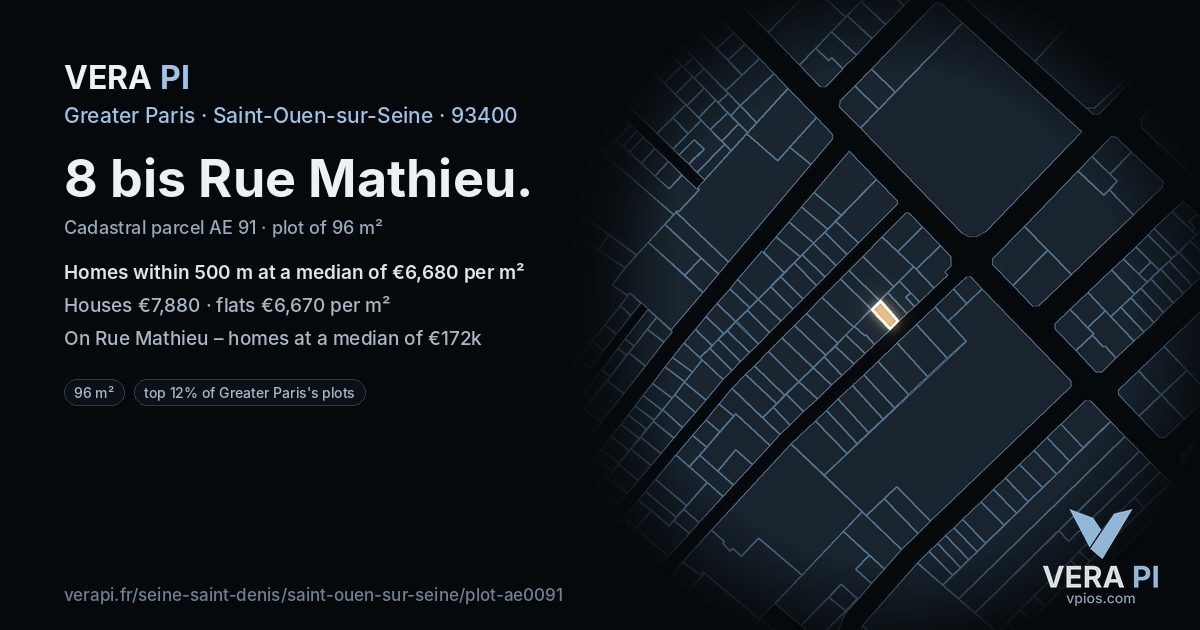8 bis Rue Mathieu, Saint-Ouen-sur-Seine at night – the plot lit, the parcels around coloured by the prices near them