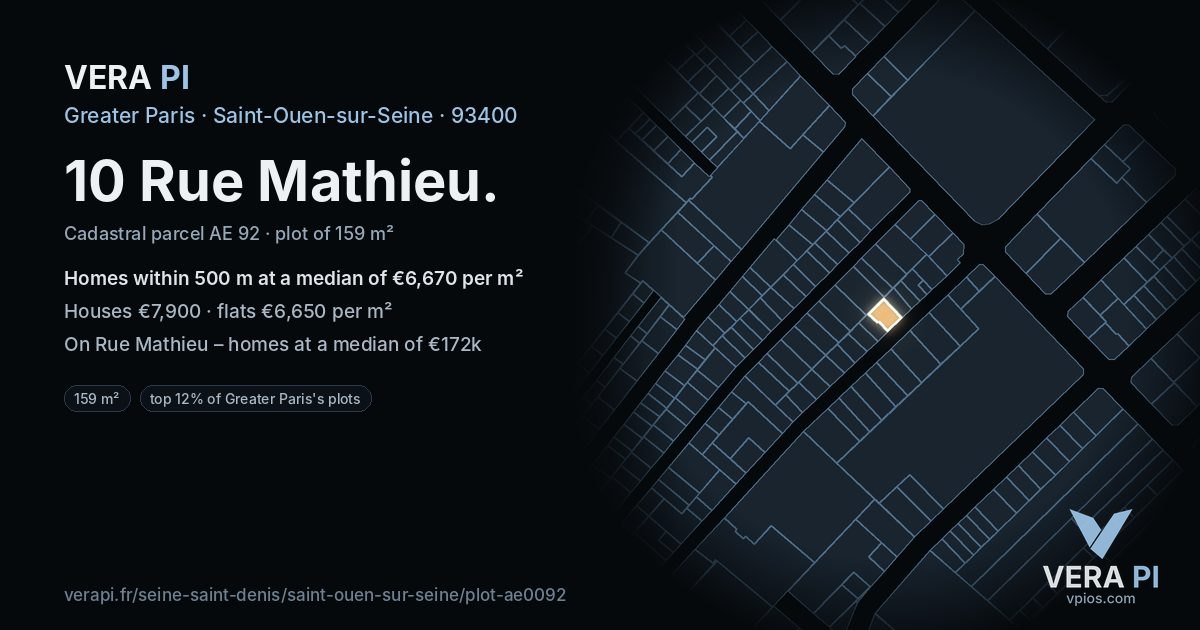 10 Rue Mathieu, Saint-Ouen-sur-Seine at night – the plot lit, the parcels around coloured by the prices near them