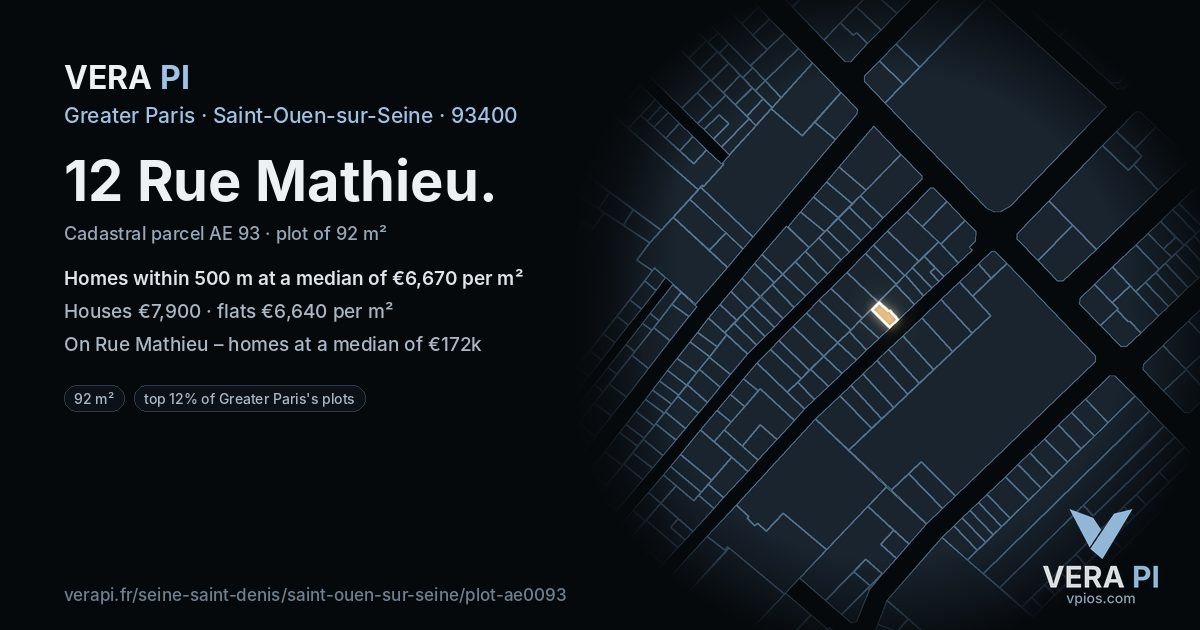 12 Rue Mathieu, Saint-Ouen-sur-Seine at night – the plot lit, the parcels around coloured by the prices near them