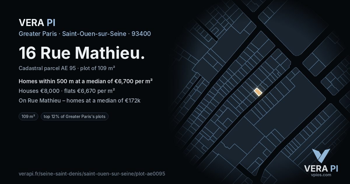 16 Rue Mathieu, Saint-Ouen-sur-Seine at night – the plot lit, the parcels around coloured by the prices near them