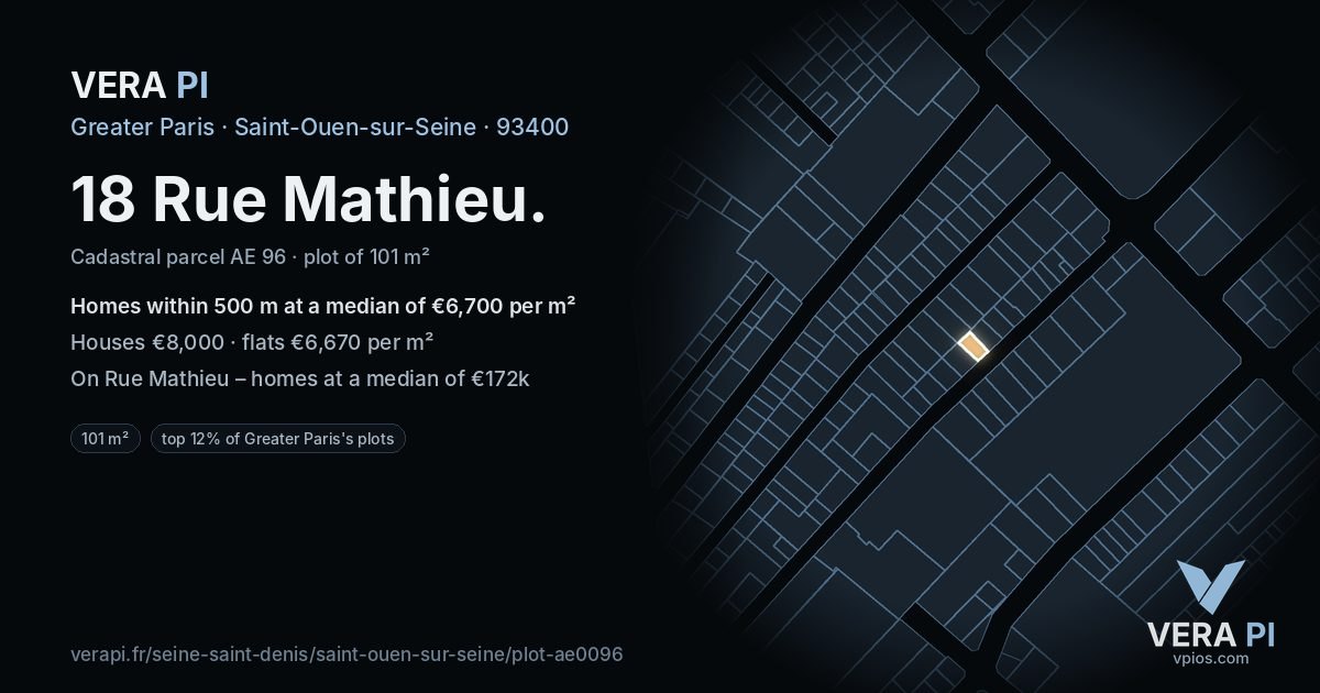 18 Rue Mathieu, Saint-Ouen-sur-Seine at night – the plot lit, the parcels around coloured by the prices near them