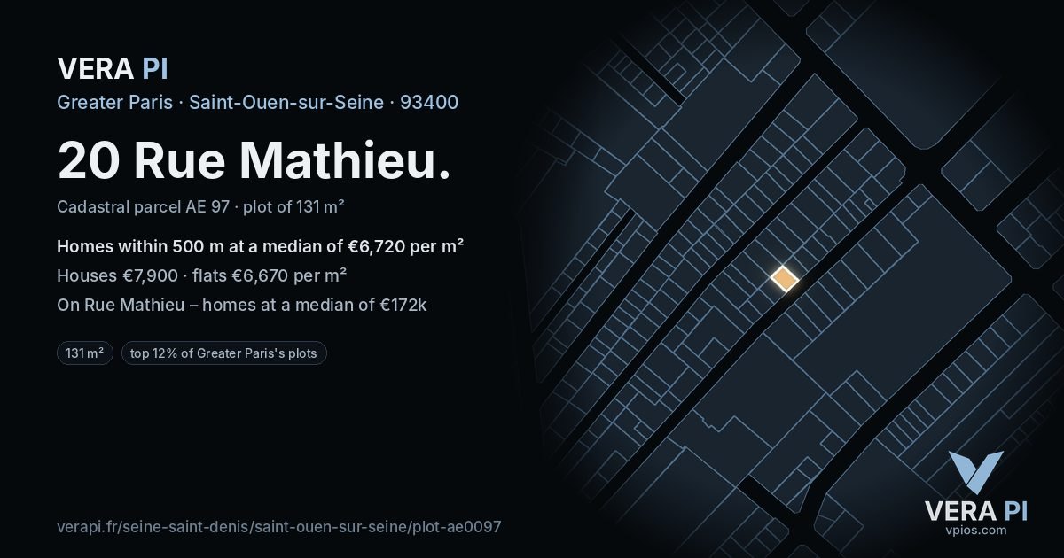 20 Rue Mathieu, Saint-Ouen-sur-Seine at night – the plot lit, the parcels around coloured by the prices near them