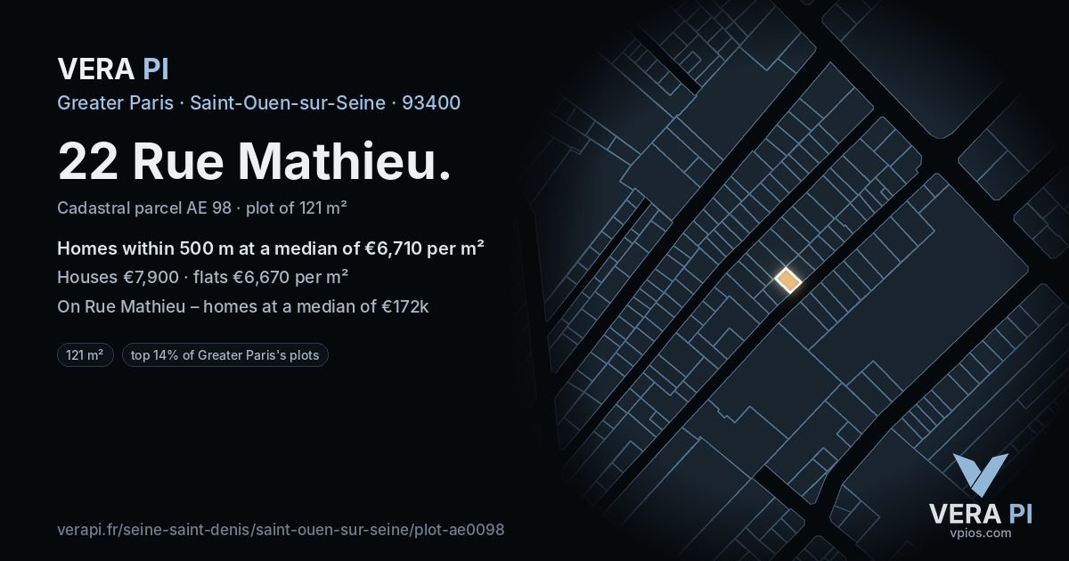 22 Rue Mathieu, Saint-Ouen-sur-Seine at night – the plot lit, the parcels around coloured by the prices near them