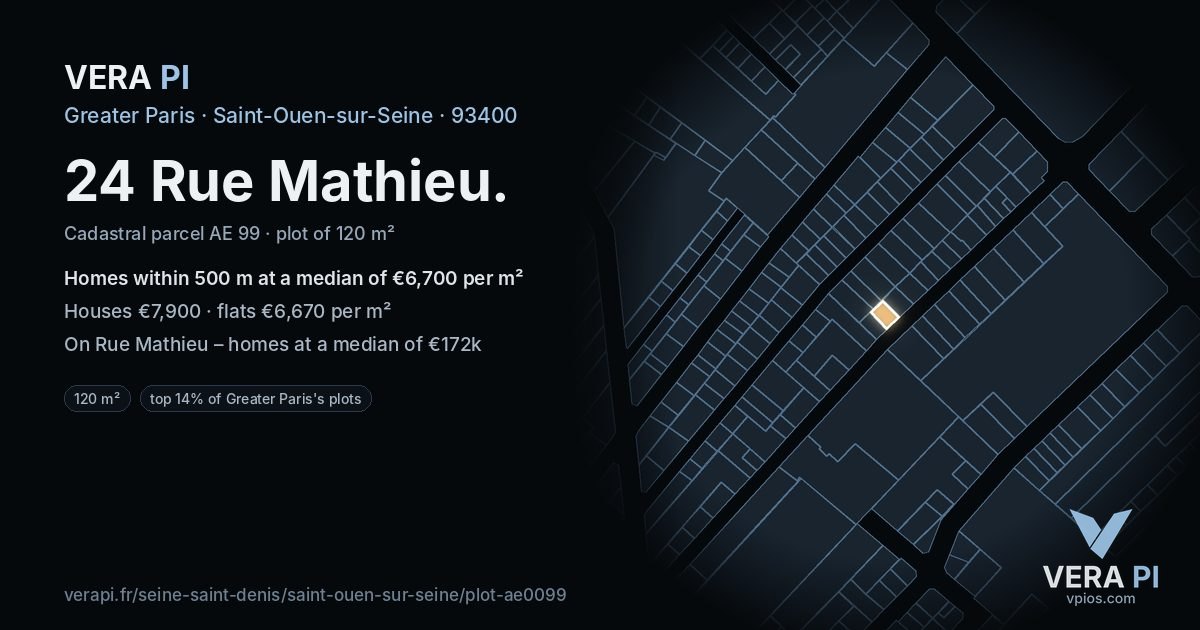 24 Rue Mathieu, Saint-Ouen-sur-Seine at night – the plot lit, the parcels around coloured by the prices near them