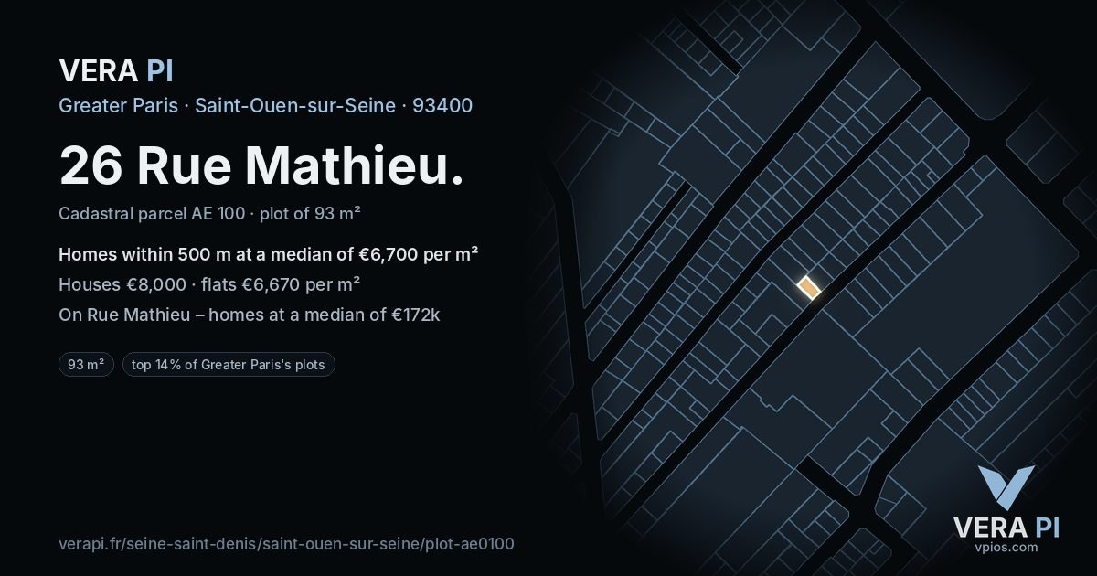 26 Rue Mathieu, Saint-Ouen-sur-Seine at night – the plot lit, the parcels around coloured by the prices near them