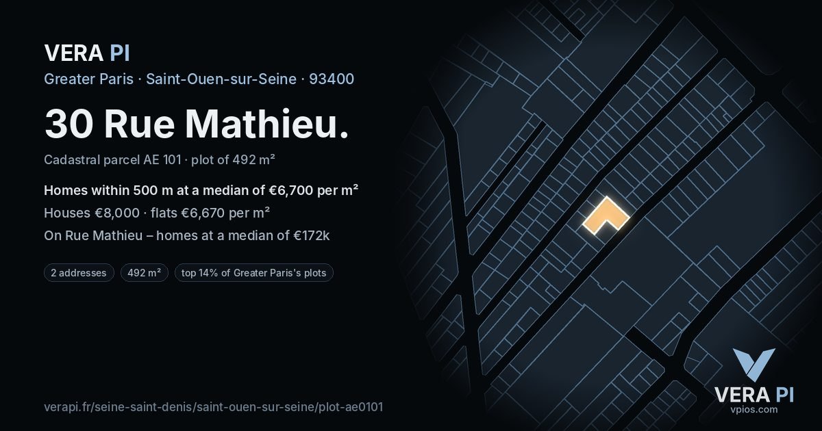 30 Rue Mathieu, Saint-Ouen-sur-Seine at night – the plot lit, the parcels around coloured by the prices near them