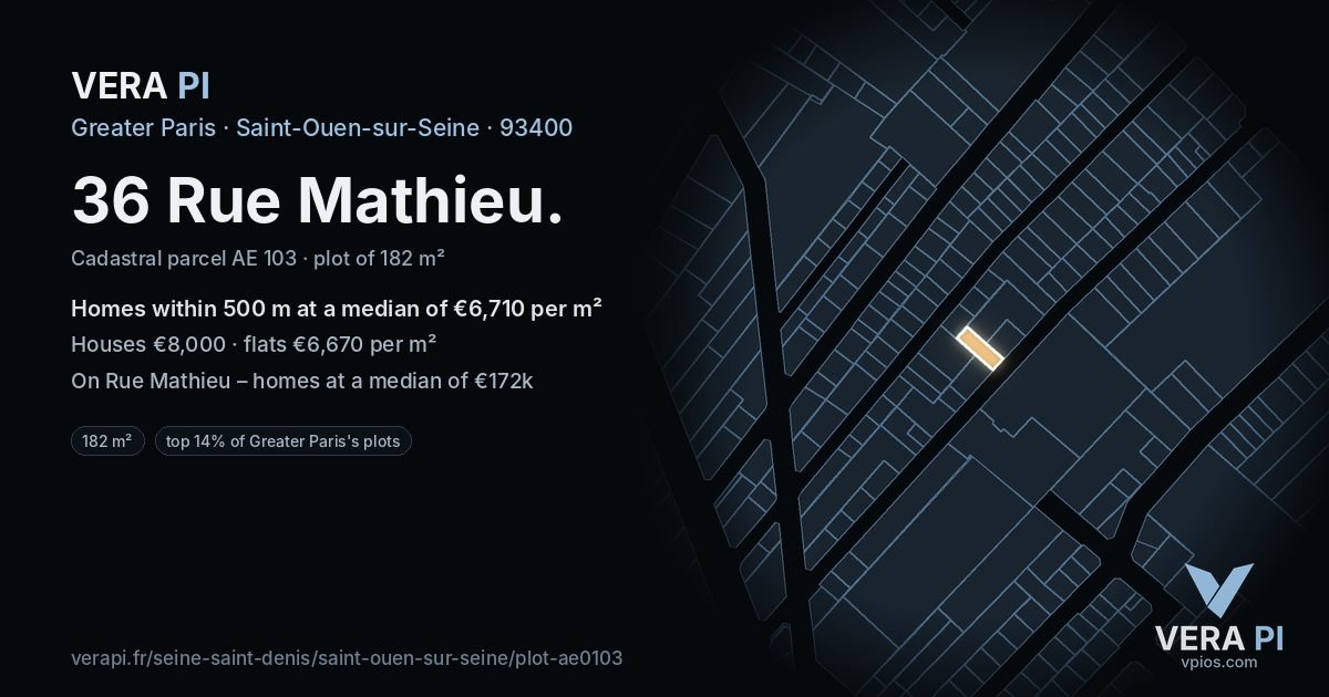 36 Rue Mathieu, Saint-Ouen-sur-Seine at night – the plot lit, the parcels around coloured by the prices near them