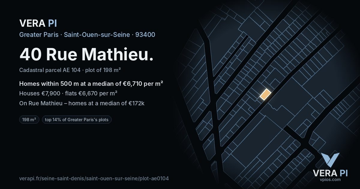 40 Rue Mathieu, Saint-Ouen-sur-Seine at night – the plot lit, the parcels around coloured by the prices near them