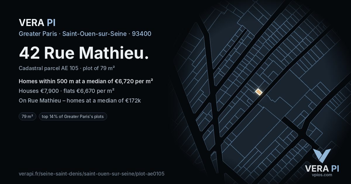 42 Rue Mathieu, Saint-Ouen-sur-Seine at night – the plot lit, the parcels around coloured by the prices near them