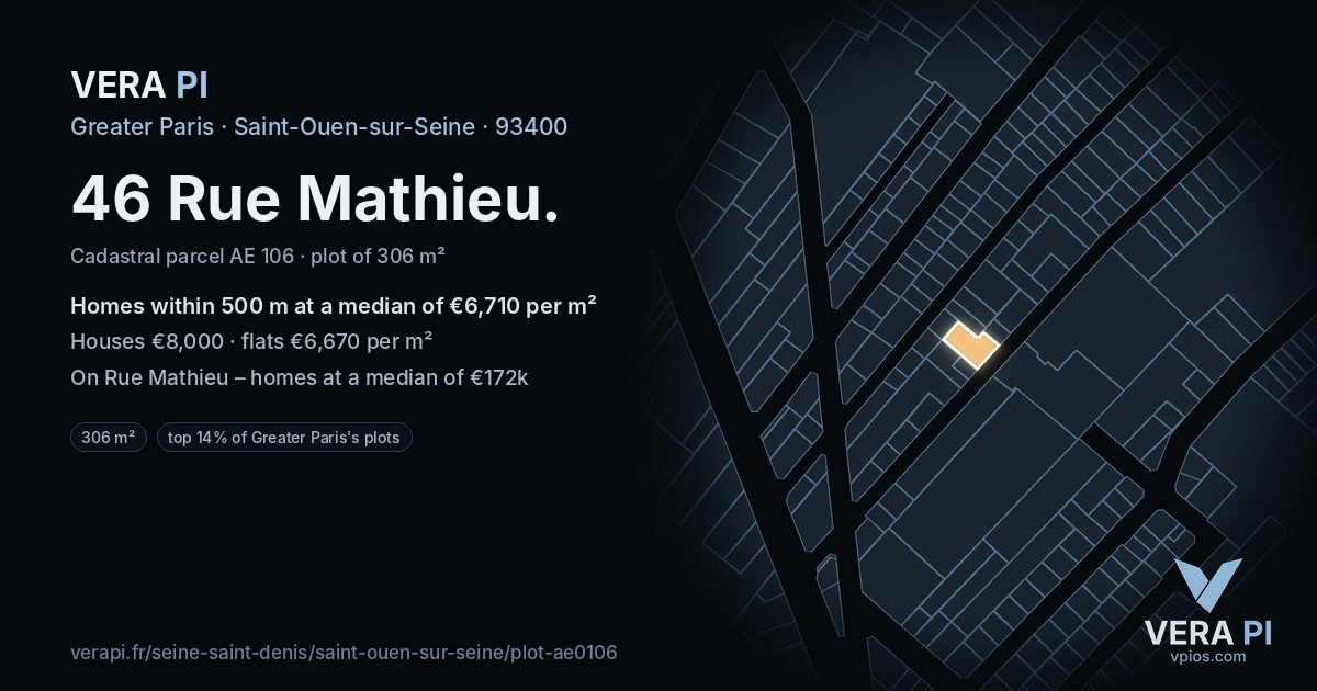 46 Rue Mathieu, Saint-Ouen-sur-Seine at night – the plot lit, the parcels around coloured by the prices near them