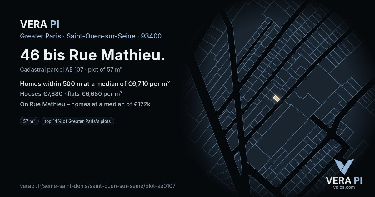 46 bis Rue Mathieu, Saint-Ouen-sur-Seine at night – the plot lit, the parcels around coloured by the prices near them