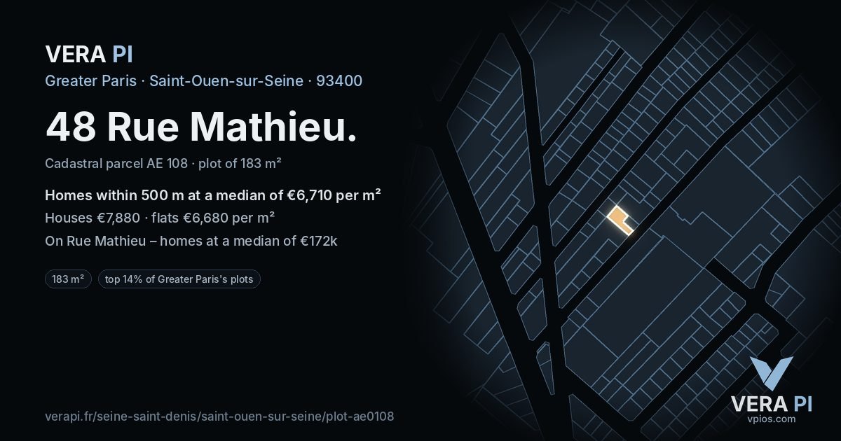 48 Rue Mathieu, Saint-Ouen-sur-Seine at night – the plot lit, the parcels around coloured by the prices near them