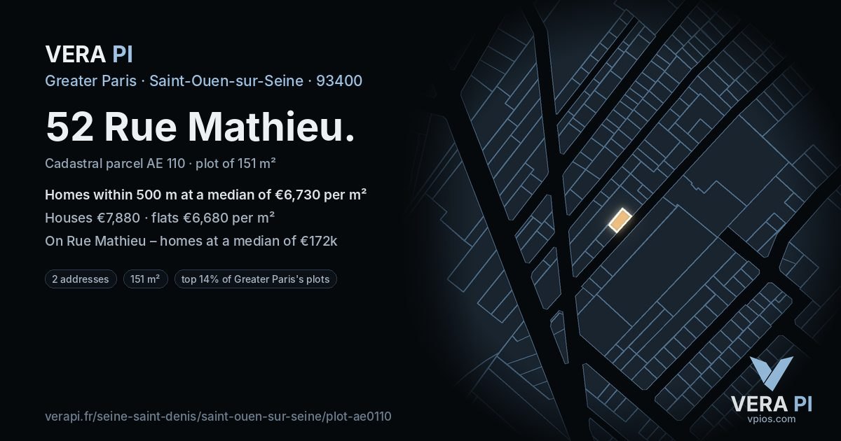 52 Rue Mathieu, Saint-Ouen-sur-Seine at night – the plot lit, the parcels around coloured by the prices near them