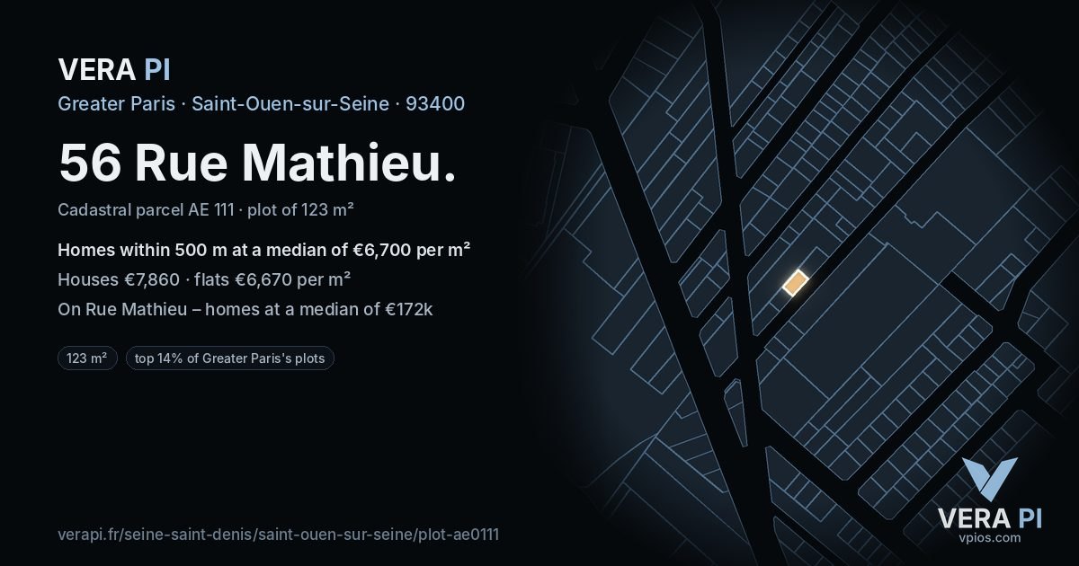 56 Rue Mathieu, Saint-Ouen-sur-Seine at night – the plot lit, the parcels around coloured by the prices near them